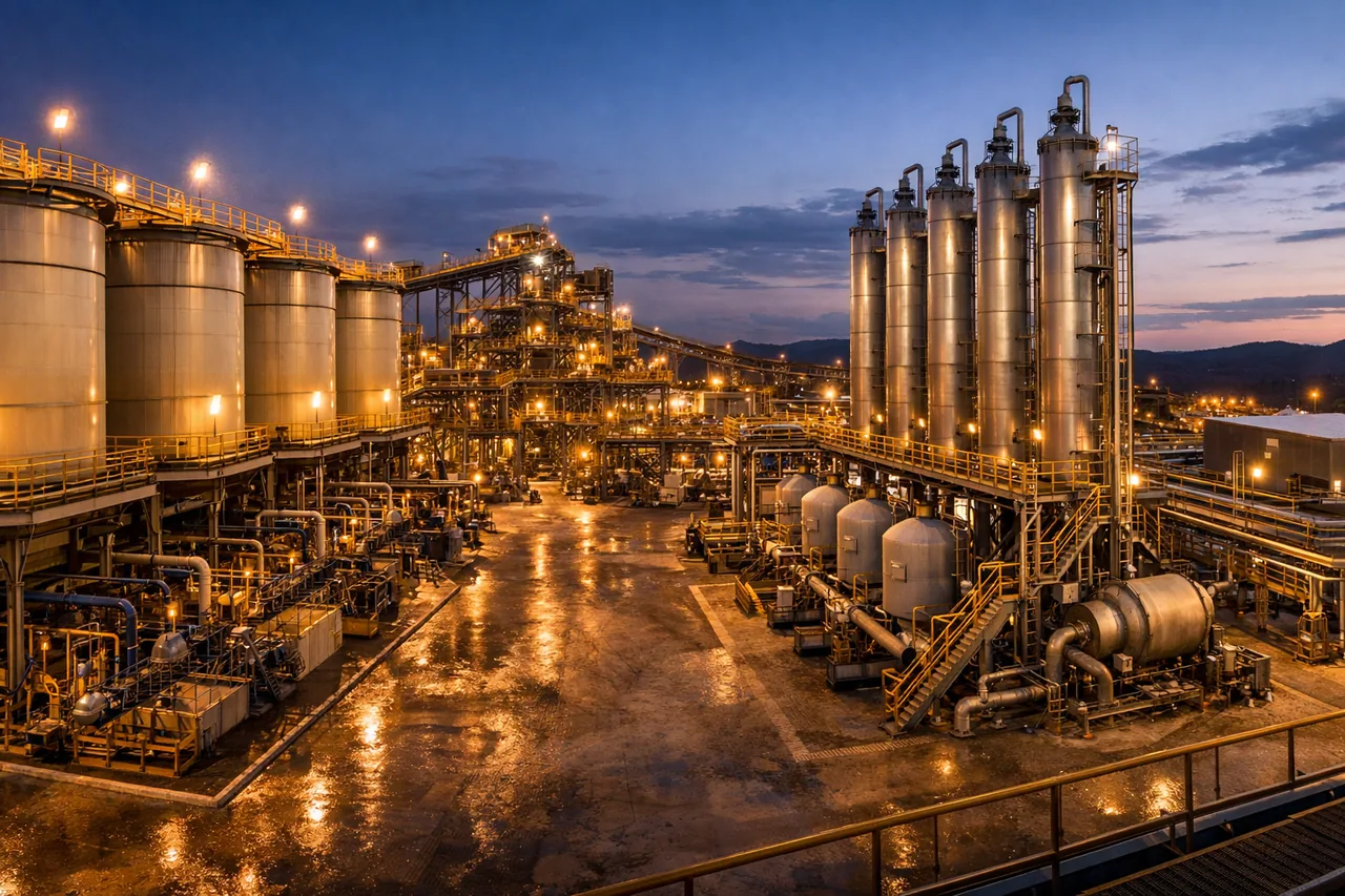 Industrial processing plant at dusk